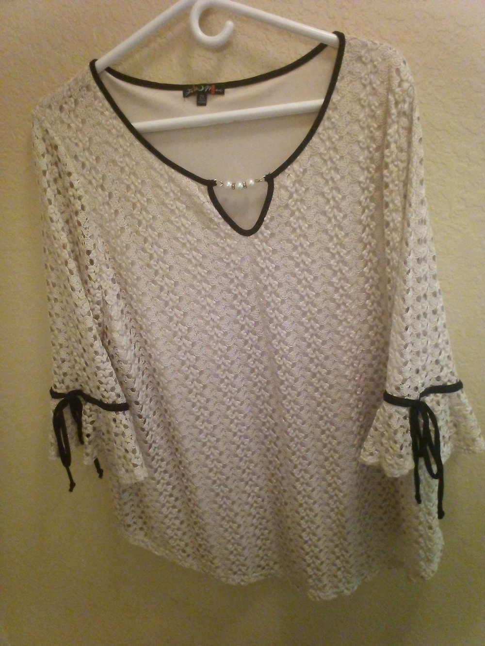 Women’s Cream Crochet Lace Top with Black Trim